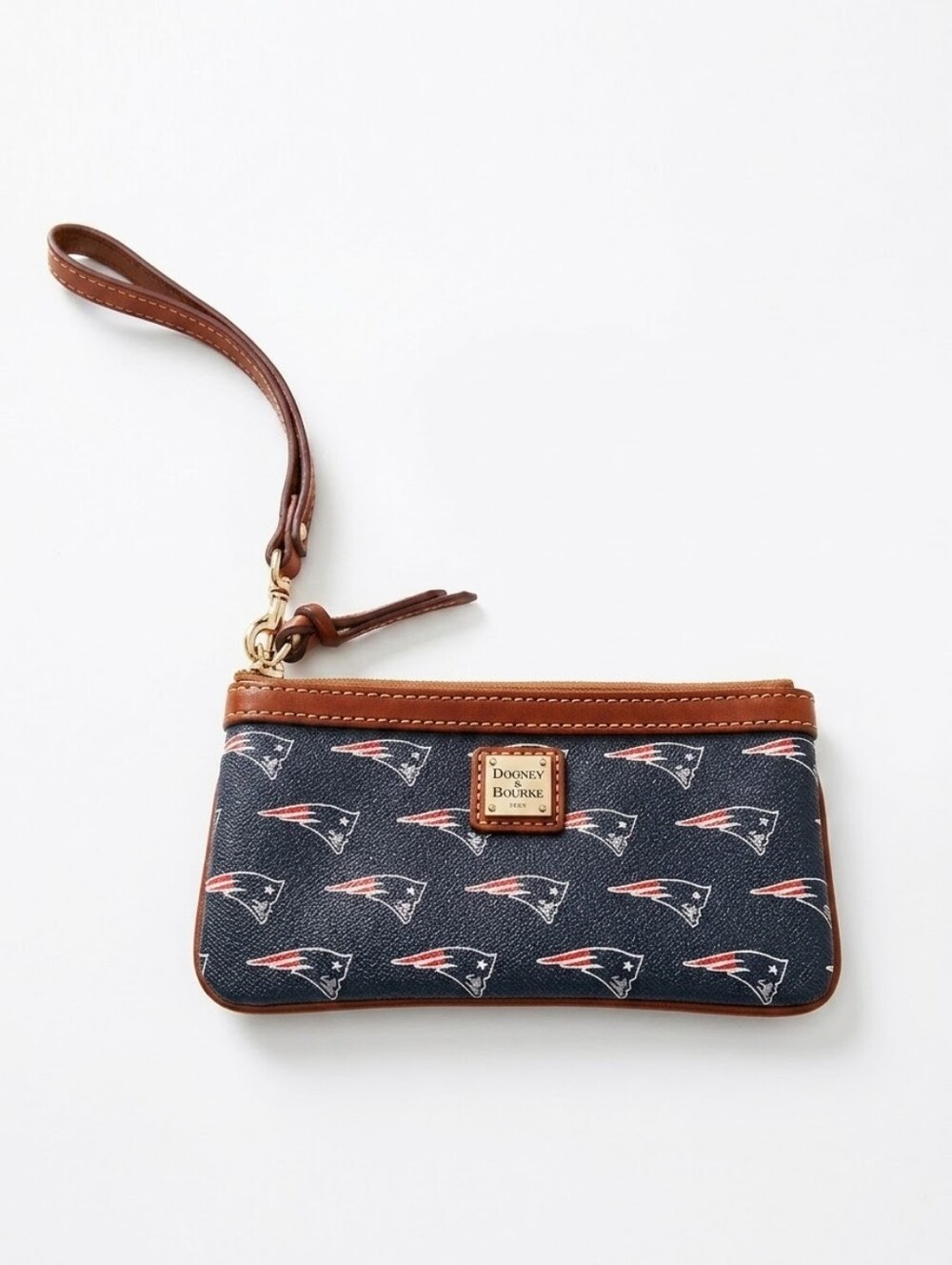 Dooney & Bourke Navy and Brown Leather Trim  New England Patriots x NFL Wristlet